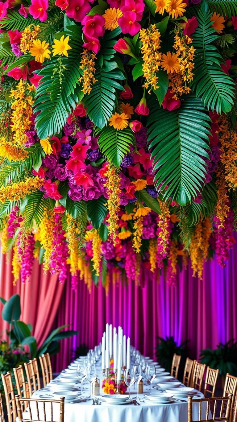 Tropical Wedding Ideas: Guaranteed Gorgeous Celebrations | Pocoko Tropical blooms, cascading greens, and a wedding that feels straight out of paradise—hanging floral bouquets bring the drama in the best way!
