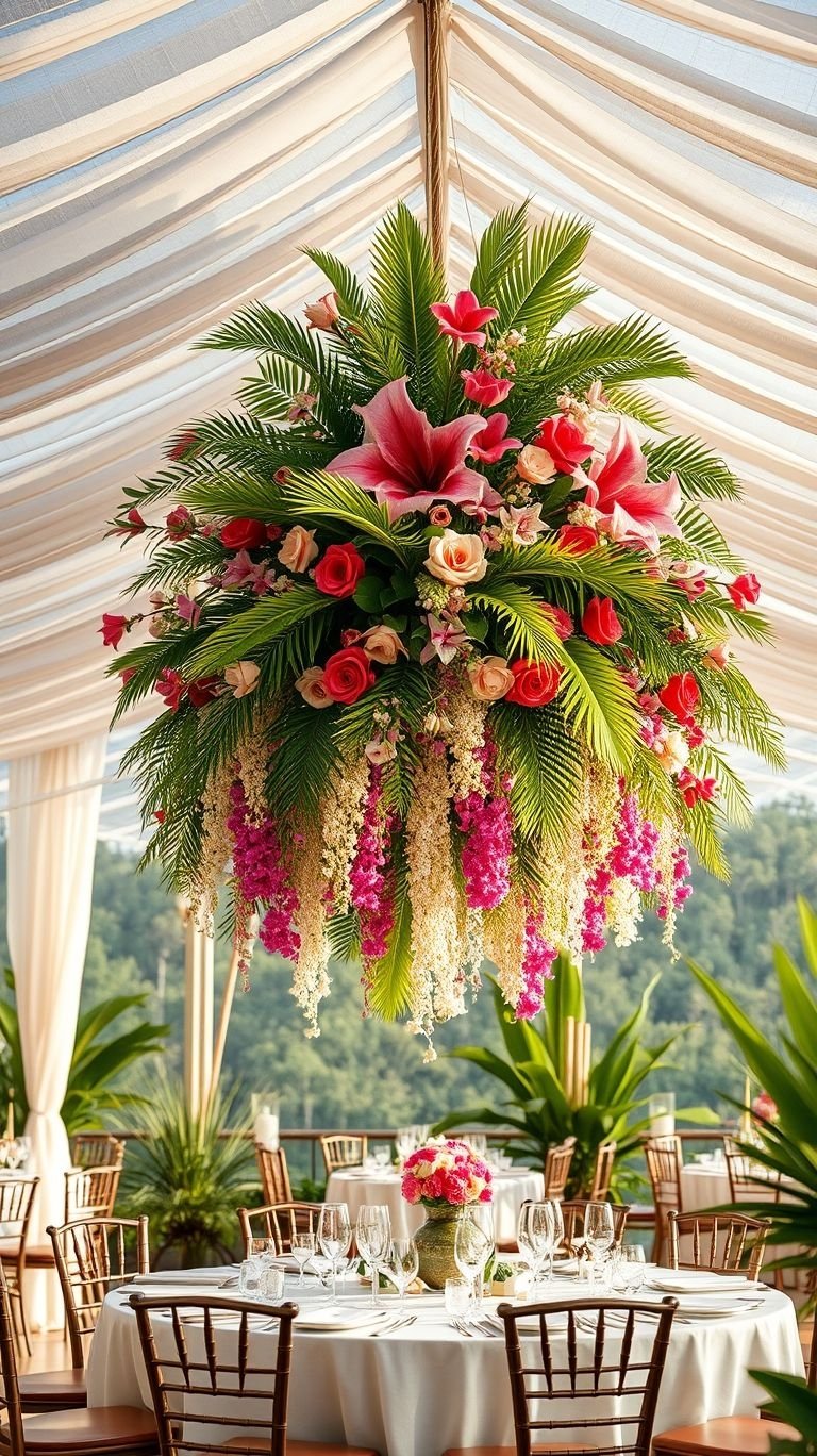 Tropical Wedding Ideas: Guaranteed Gorgeous Celebrations | Pocoko Let your love bloom above! Hanging bouquets bring depth and romance to your tropical wedding decor with vibrant, floating florals.