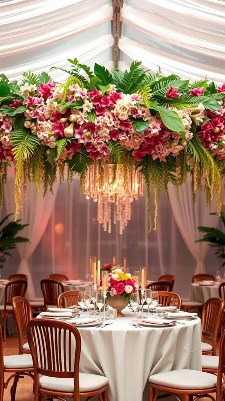 Tropical Wedding Ideas: Guaranteed Gorgeous Celebrations | Pocoko Say 'I do' under a canopy of tropical flowers—hanging bouquets make every wedding moment feel ethereal and unforgettable.