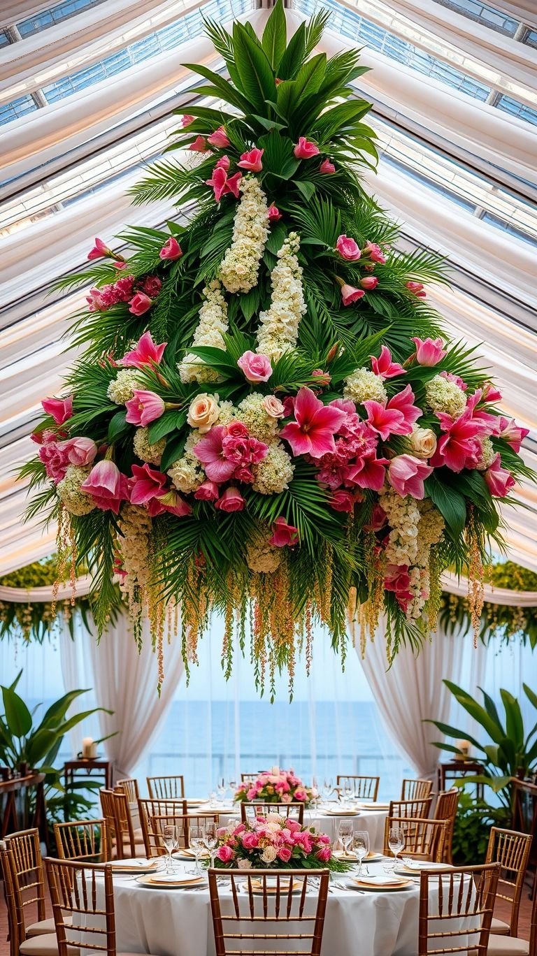 Tropical Wedding Ideas: Guaranteed Gorgeous Celebrations | Pocoko Lush palms, vibrant orchids, and an overhead floral masterpiece? Hanging bouquets are the ultimate tropical wedding statement!