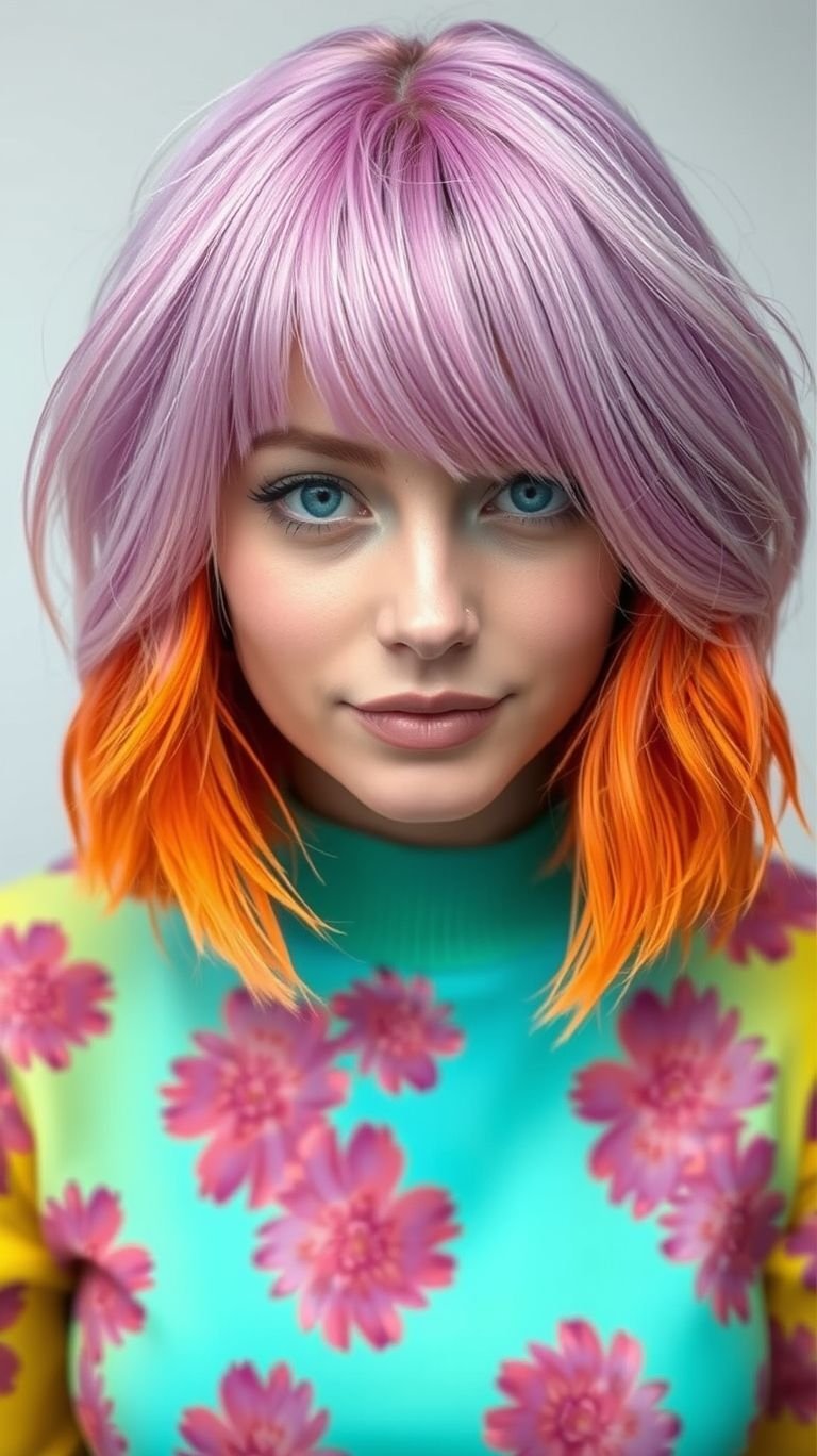 Why settle for just one standout color? Lavender and orange combine effortlessly for a short hair trend that’s fresh, edgy, and totally unique!
