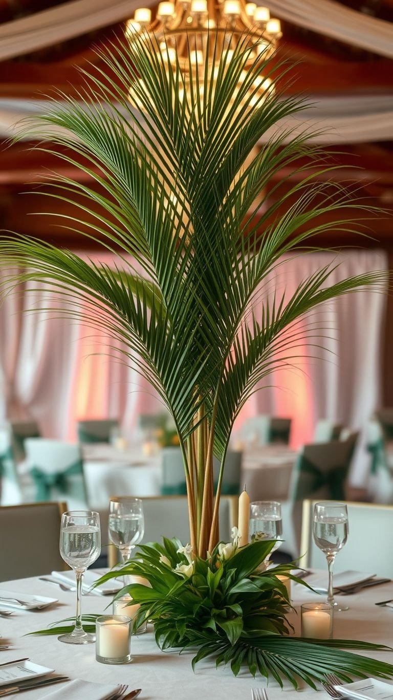 Tropical Wedding Ideas: Guaranteed Gorgeous Celebrations | Pocoko Palm leaves bring effortless tropical elegance to your wedding tables! Chic, natural, and wildly sophisticated—this centerpiece is pure island magic.