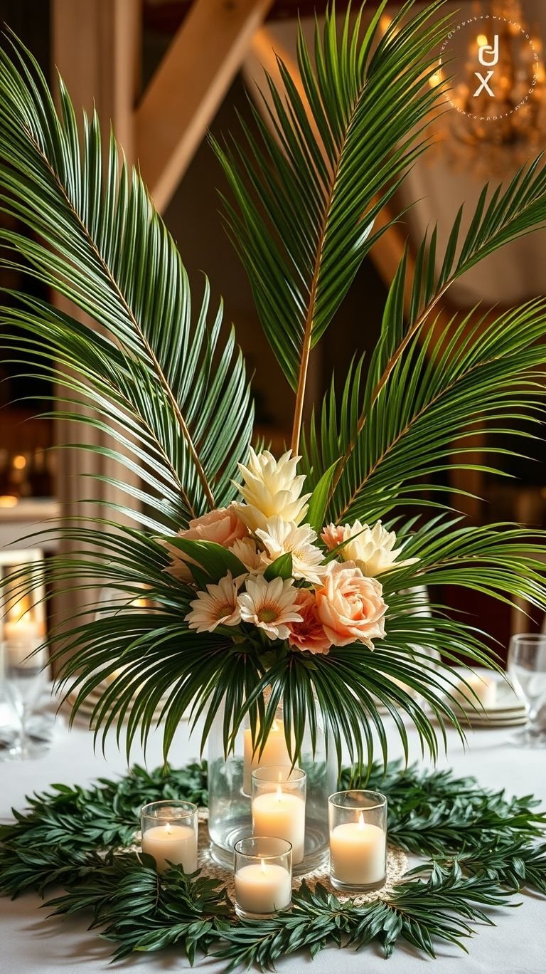 Tropical Wedding Ideas: Guaranteed Gorgeous Celebrations | Pocoko Skip the ordinary florals and go bold with palm leaf centerpieces! Lush, fresh, and tropical perfection for an unforgettable wedding vibe.
