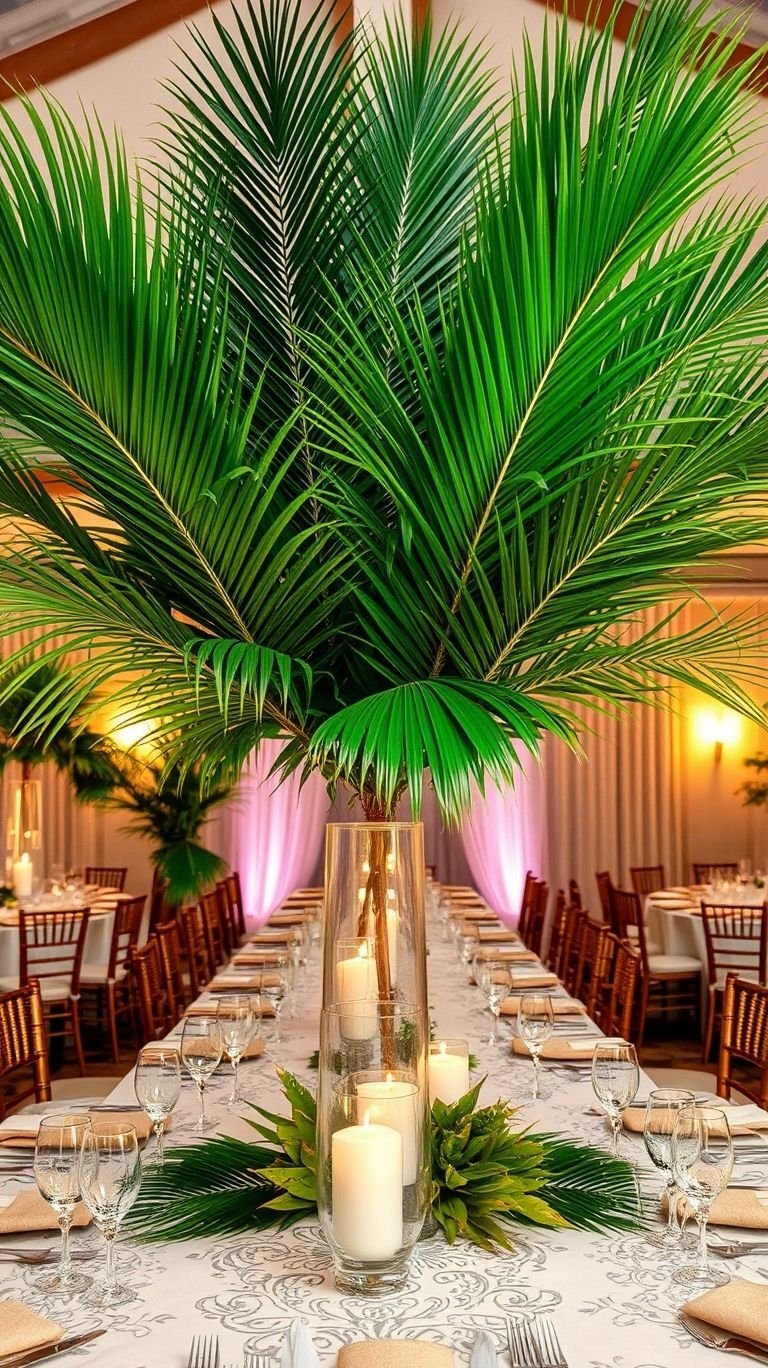 Tropical Wedding Ideas: Guaranteed Gorgeous Celebrations | Pocoko Palm leaves + candlelight = pure wedding paradise! This tropical centerpiece balances natural beauty with dreamy romance.