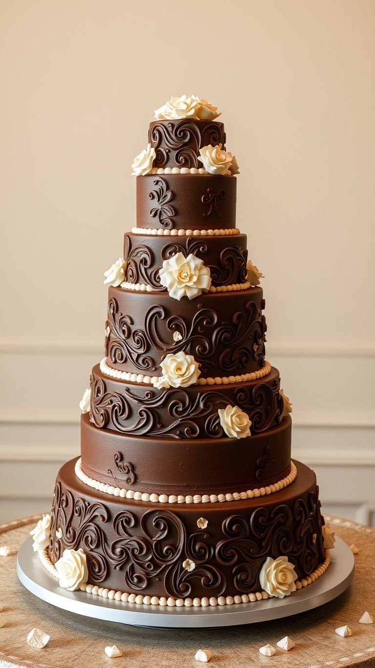 75+ Chocolate Wedding Cakes That Are Too Indulgent to Ignore | Pocoko Indulgence never looked this good! Layers of velvety chocolate wrapped in elegance make this wedding cake a true showstopper.
