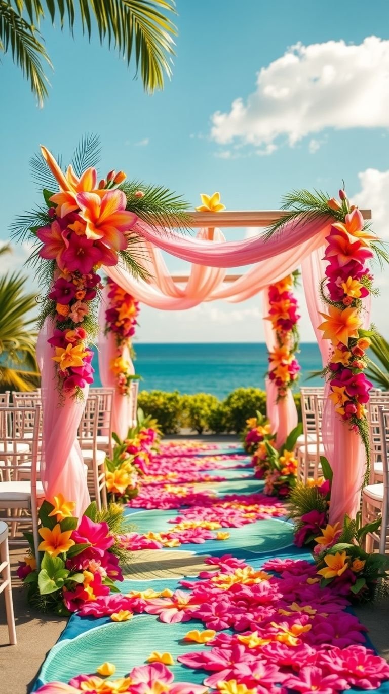 Tropical Wedding Ideas: Guaranteed Gorgeous Celebrations | Pocoko A sea-facing aisle covered in tropical blooms makes every step toward 'I do' feel straight out of a fairytale!