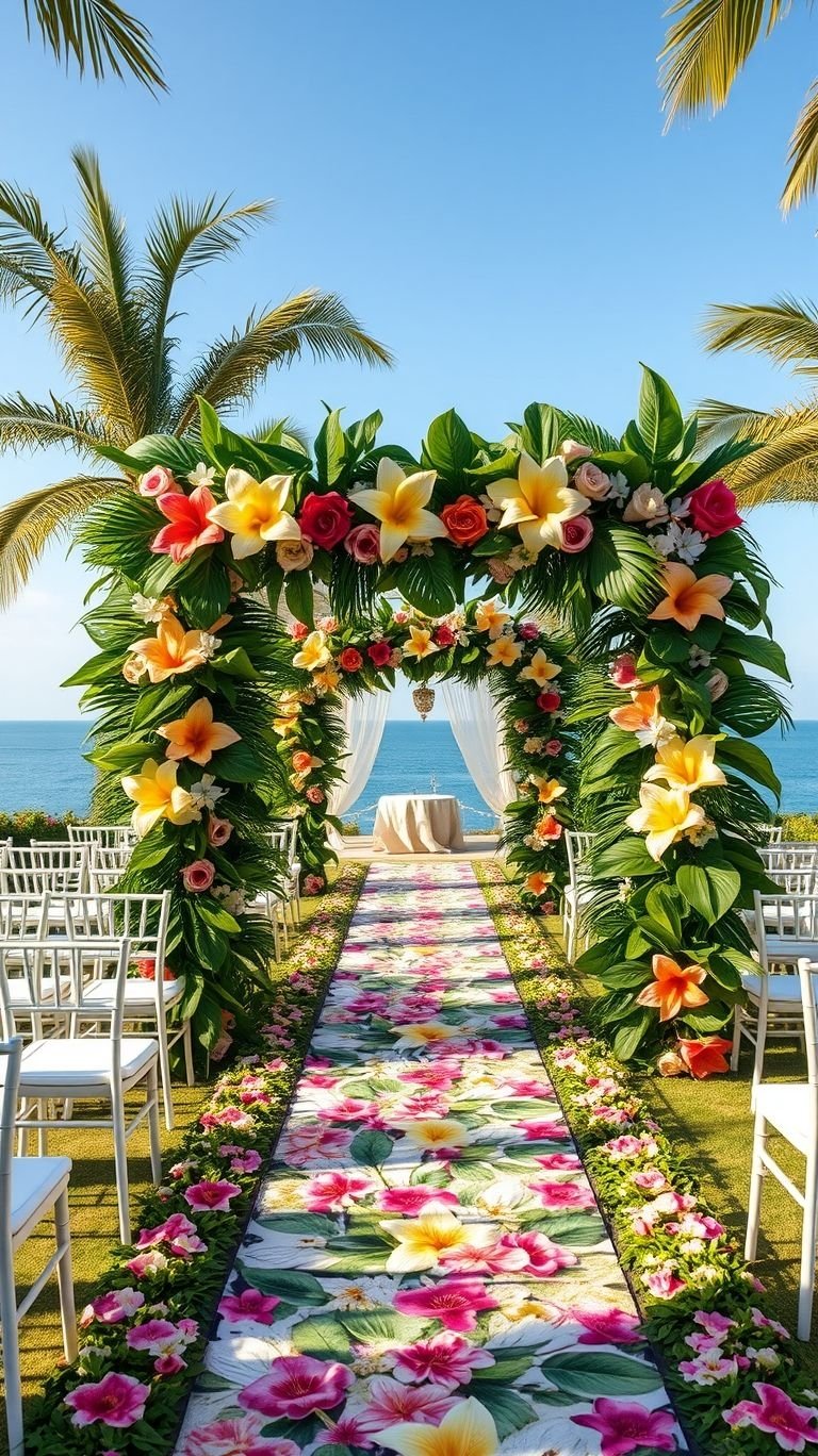 Tropical Wedding Ideas: Guaranteed Gorgeous Celebrations | Pocoko Who needs a ballroom when the ocean sets the scene? A sea-facing floral aisle brings natural elegance to your tropical wedding.