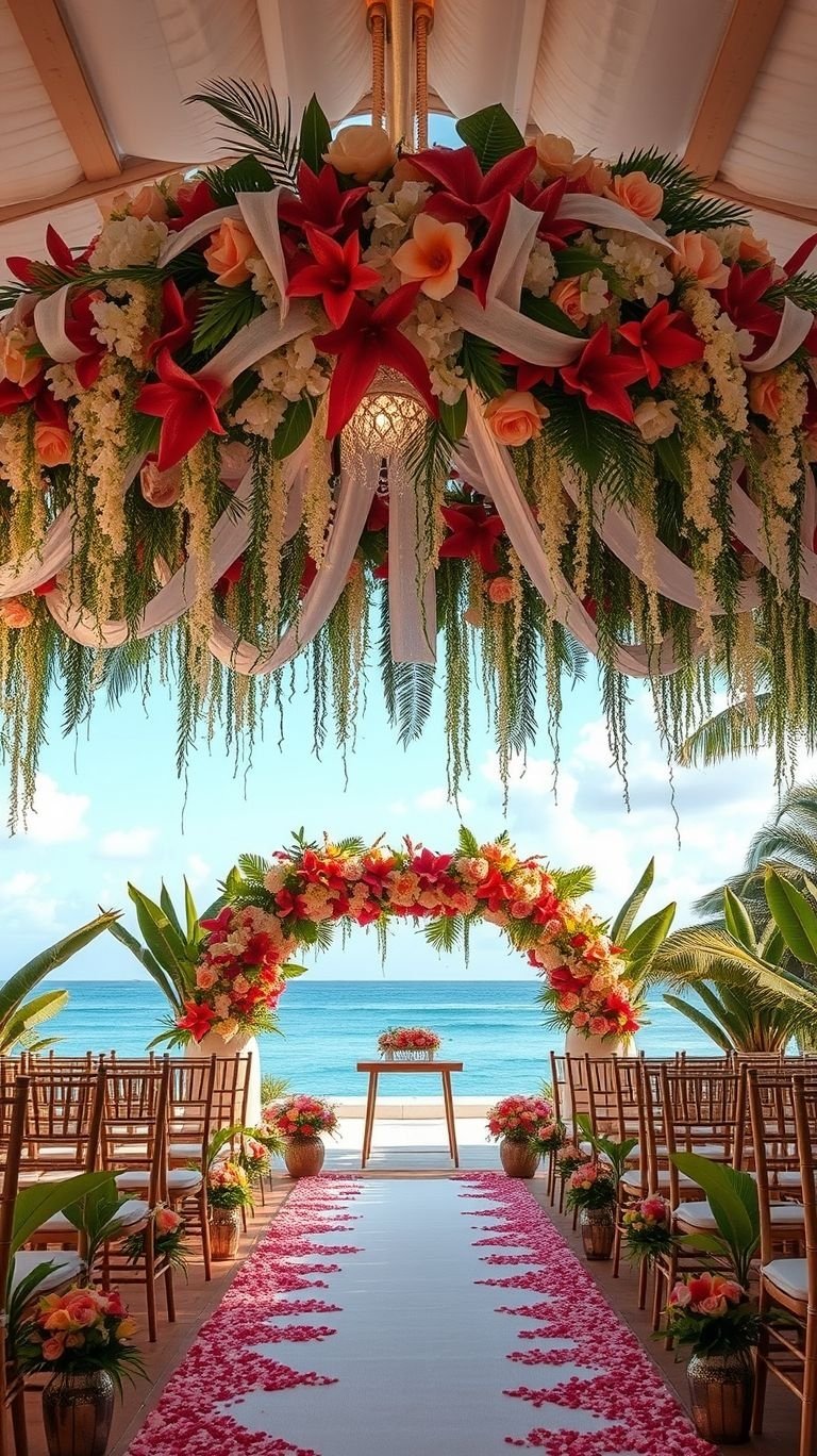 Tropical Wedding Ideas: Guaranteed Gorgeous Celebrations | Pocoko Take your vows with an ocean breeze and a floral paradise surrounding you—this sea-facing aisle is everything.