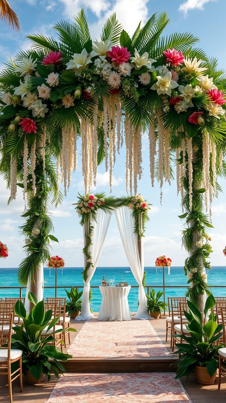 Tropical Wedding Ideas: Guaranteed Gorgeous Celebrations | Pocoko Coastal elegance meets tropical romance—a floral-lined aisle by the sea is the ultimate way to walk toward forever.