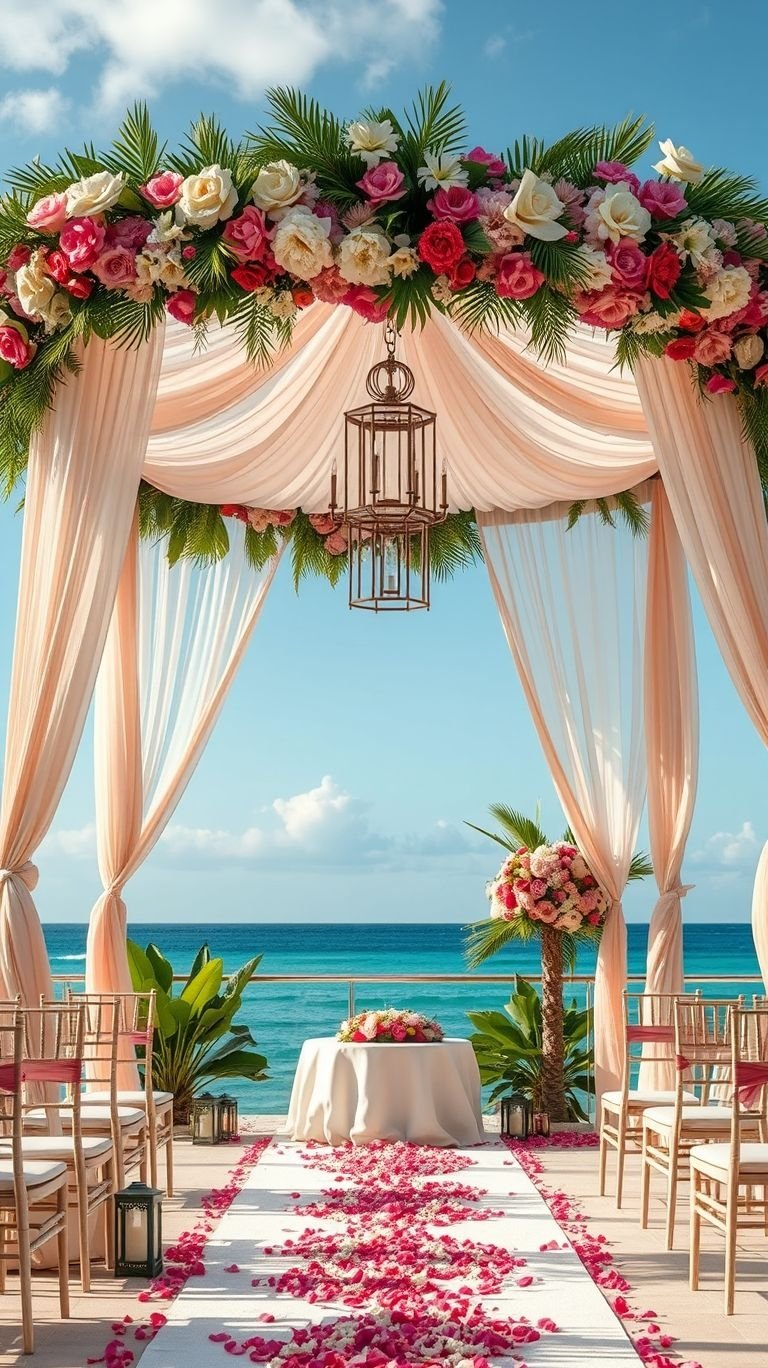 Tropical Wedding Ideas: Guaranteed Gorgeous Celebrations | Pocoko Let the ocean be your witness! A floral-lined aisle by the sea brings effortless elegance and tropical beauty to your big day.