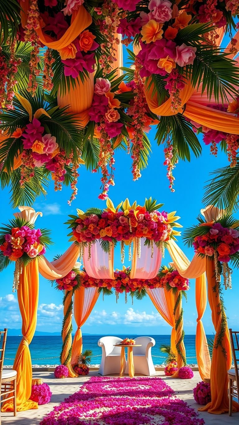 Tropical Wedding Ideas: Guaranteed Gorgeous Celebrations | Pocoko Tropical florals + seaside serenity = the ultimate wedding aisle goals! This dreamy setup is pure island romance.