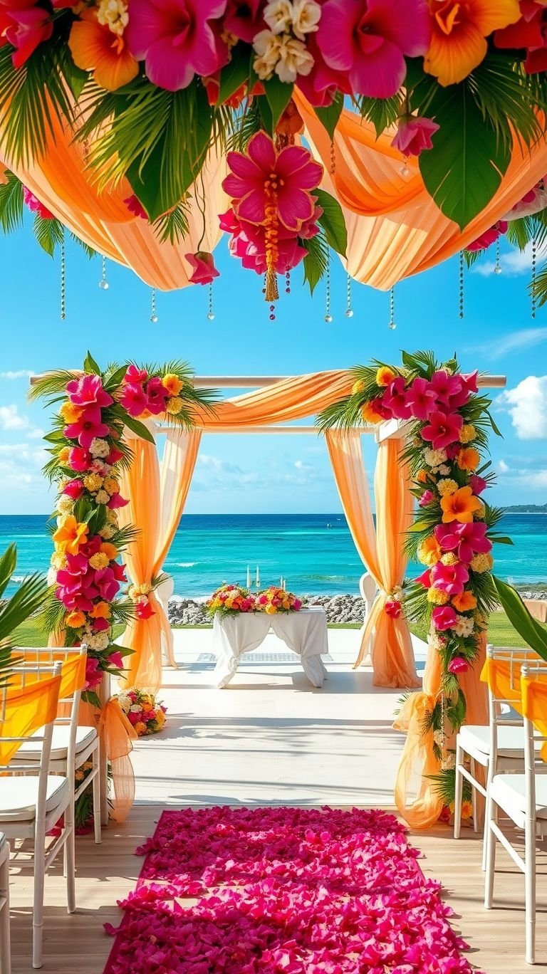 Tropical Wedding Ideas: Guaranteed Gorgeous Celebrations | Pocoko Nature’s best meets wedding magic! A seaside aisle lined with tropical flowers turns your ceremony into a breathtaking coastal escape.