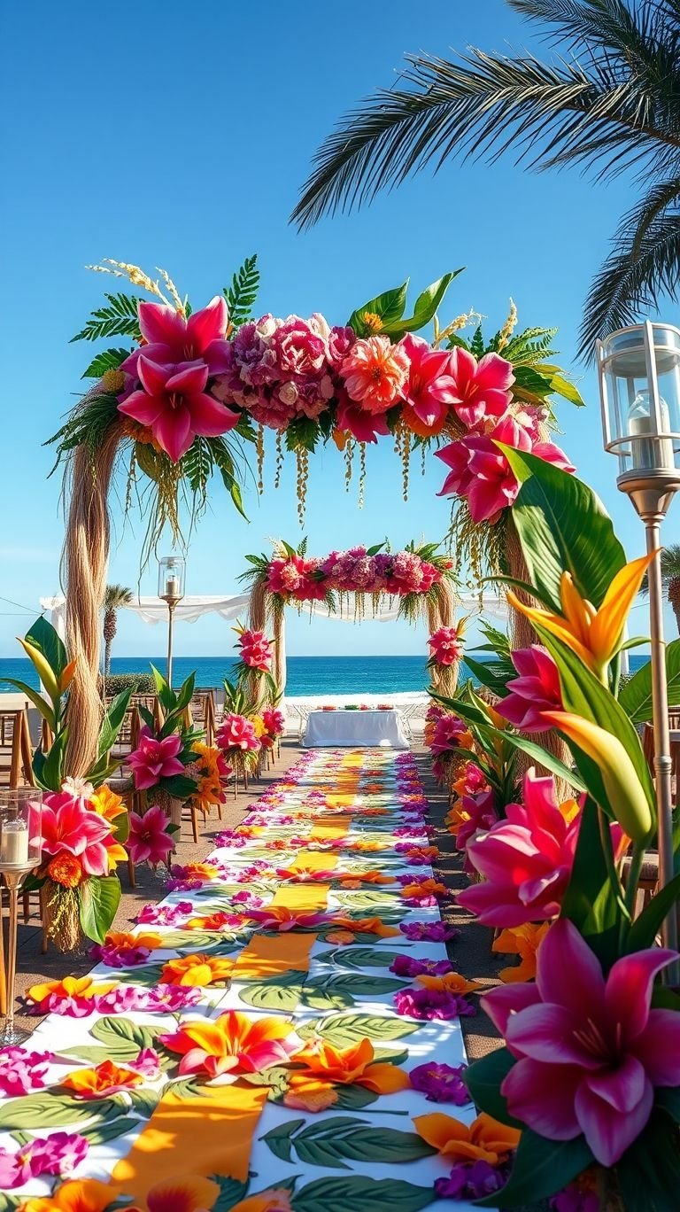 Tropical Wedding Ideas: Guaranteed Gorgeous Celebrations | Pocoko Let the ocean be your witness! A floral-lined aisle by the sea brings effortless elegance and tropical beauty to your big day.
