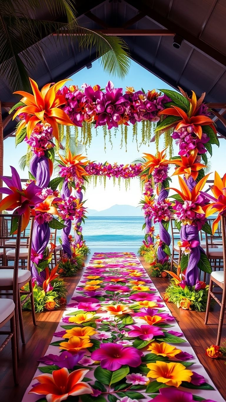 Tropical Wedding Ideas: Guaranteed Gorgeous Celebrations | Pocoko Sunset glow, tropical flowers, and the sound of the waves—this seaside wedding aisle is the perfect setting for forever.