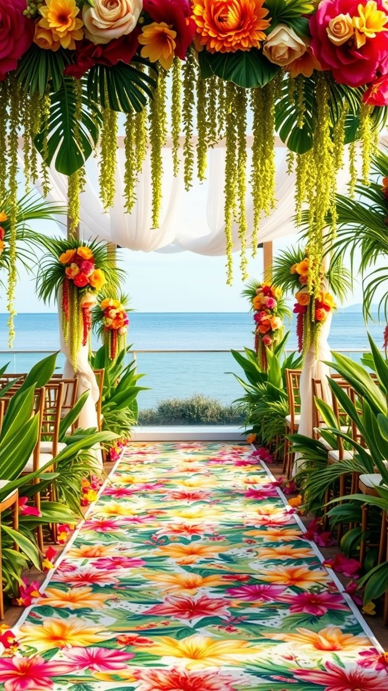 Tropical Wedding Ideas: Guaranteed Gorgeous Celebrations | Pocoko Tropical florals + seaside serenity = the ultimate wedding aisle goals! This dreamy setup is pure island romance.