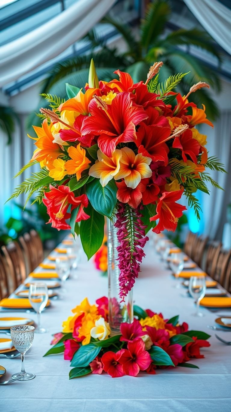 Tropical Wedding Ideas: Guaranteed Gorgeous Celebrations | Pocoko Turn your tables into a tropical paradise! Vibrant blooms, rich greenery, and bold island vibes make these centerpieces unforgettable.