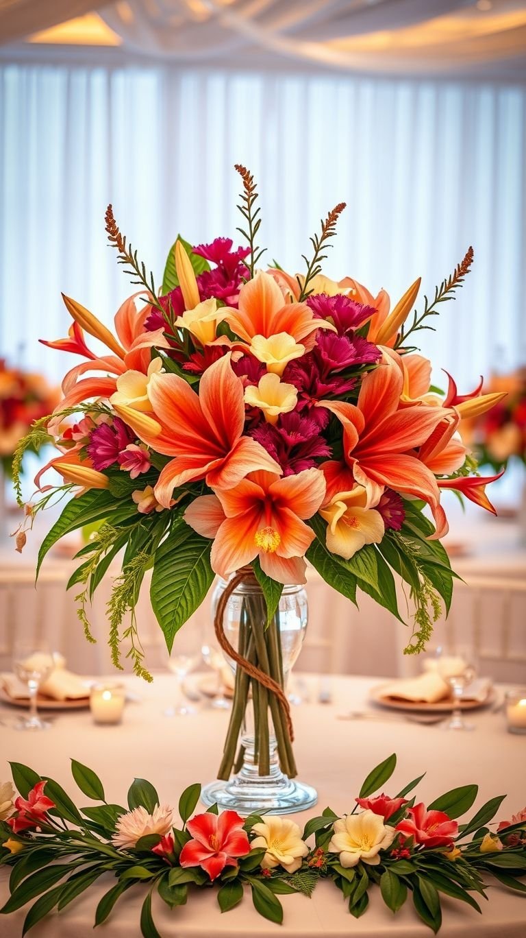 Tropical Wedding Ideas: Guaranteed Gorgeous Celebrations | Pocoko Think hibiscus, orchids, and palm leaves! Tropical centerpieces create a floral explosion of color, energy, and pure island magic.