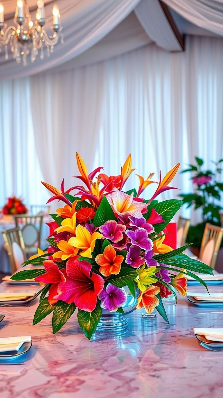 Tropical Wedding Ideas: Guaranteed Gorgeous Celebrations | Pocoko Island romance meets floral perfection! Tropical centerpieces bring warmth, vibrancy, and effortless beauty to any table.