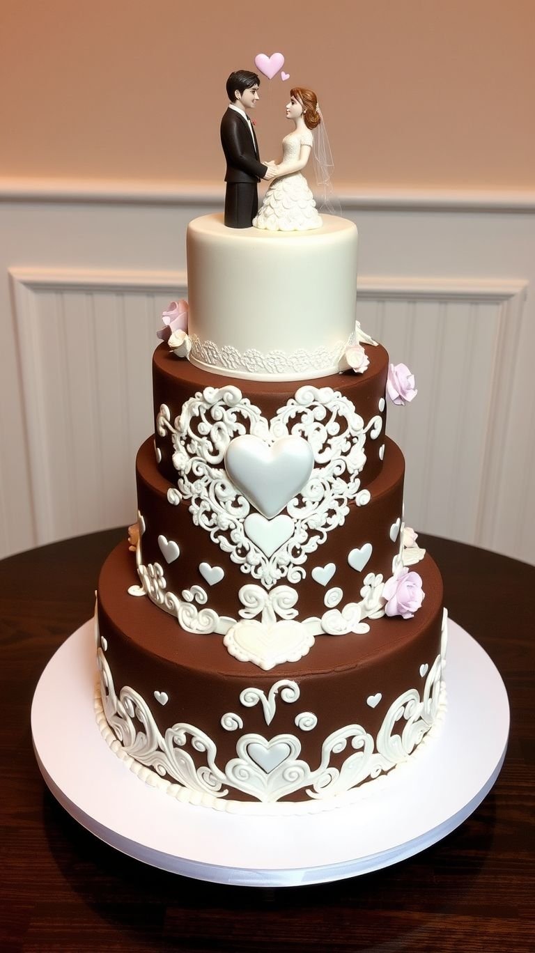 75+ Chocolate Wedding Cakes That Are Too Indulgent to Ignore | Pocoko Classic white meets rich chocolate in a wedding cake made with love—literally! Adorned with hearts, this sweet masterpiece is romance on a plate.