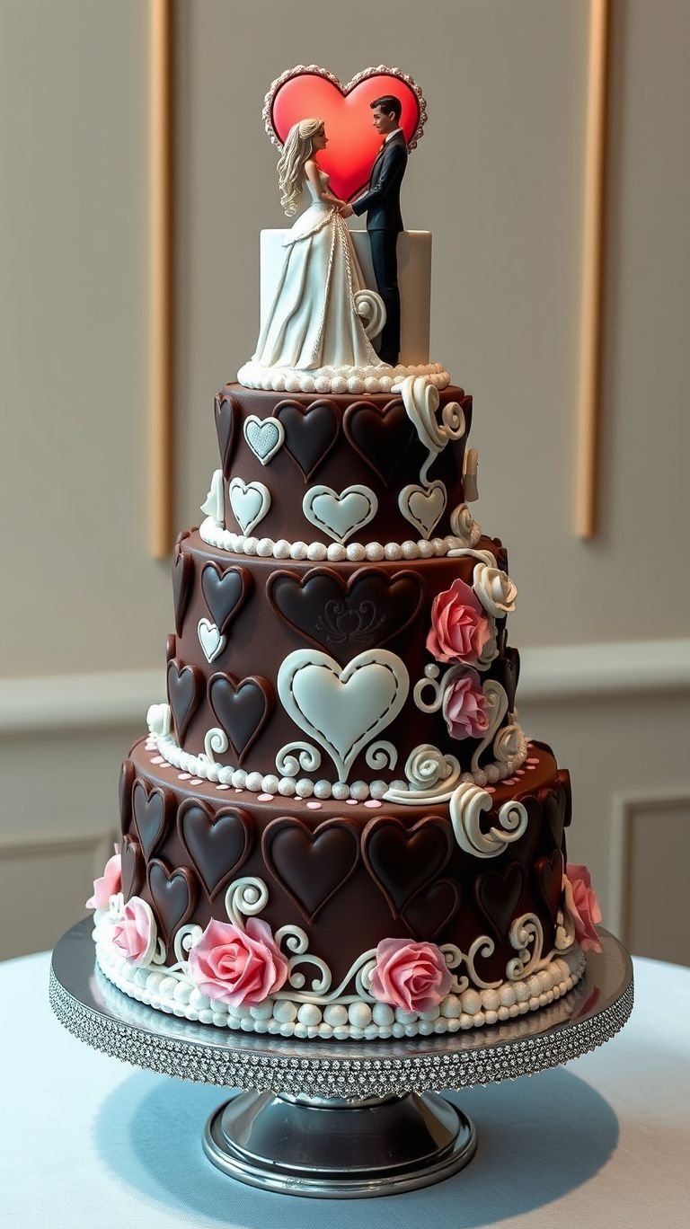 75+ Chocolate Wedding Cakes That Are Too Indulgent to Ignore | Pocoko A love story told in frosting! White and chocolate layers with heart details make this wedding cake a stunning tribute to romance.
