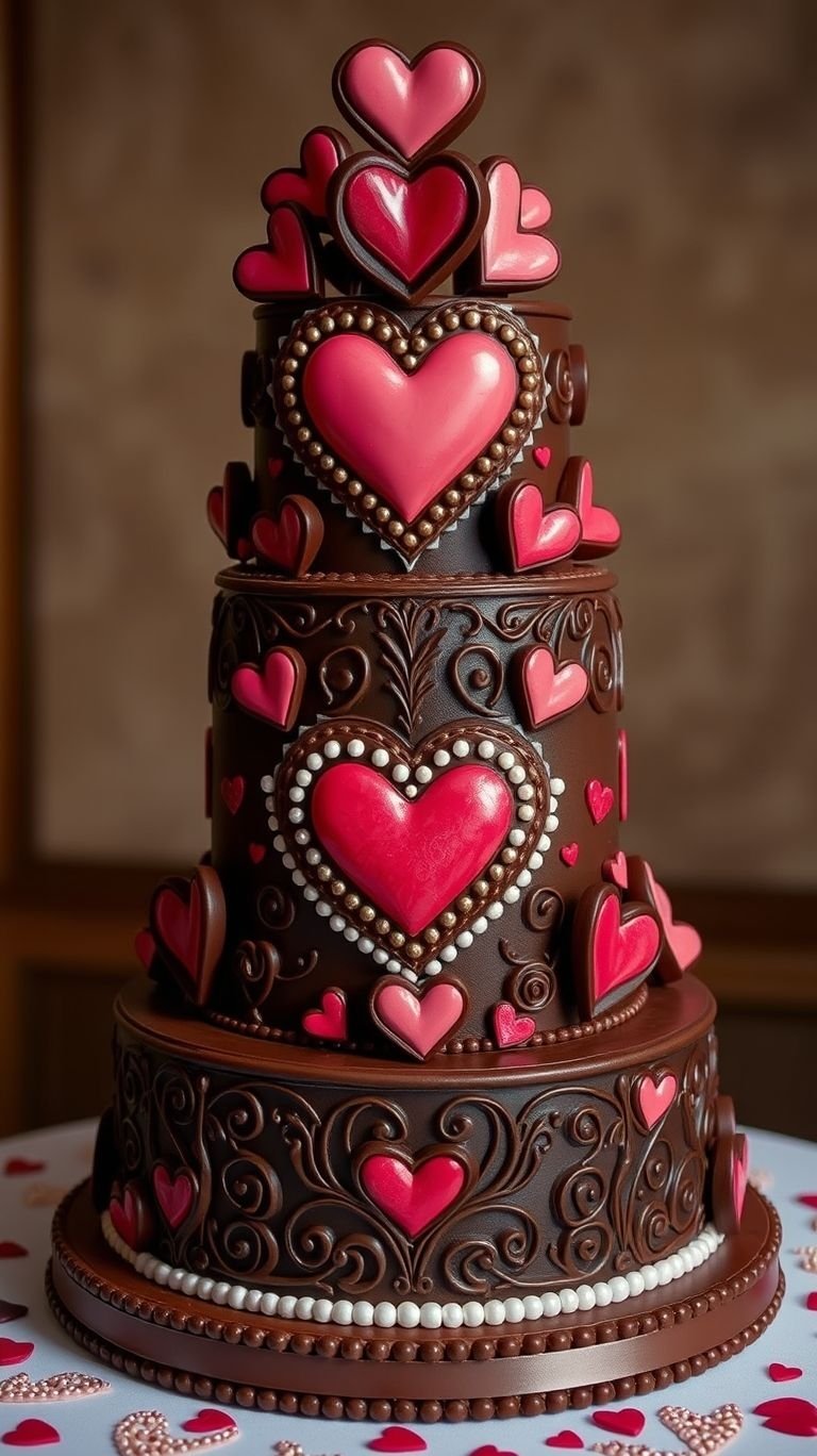 75+ Chocolate Wedding Cakes That Are Too Indulgent to Ignore | Pocoko White and chocolate meet in perfect harmony, wrapped in delicate hearts—because your love deserves a cake that’s just as beautiful!
