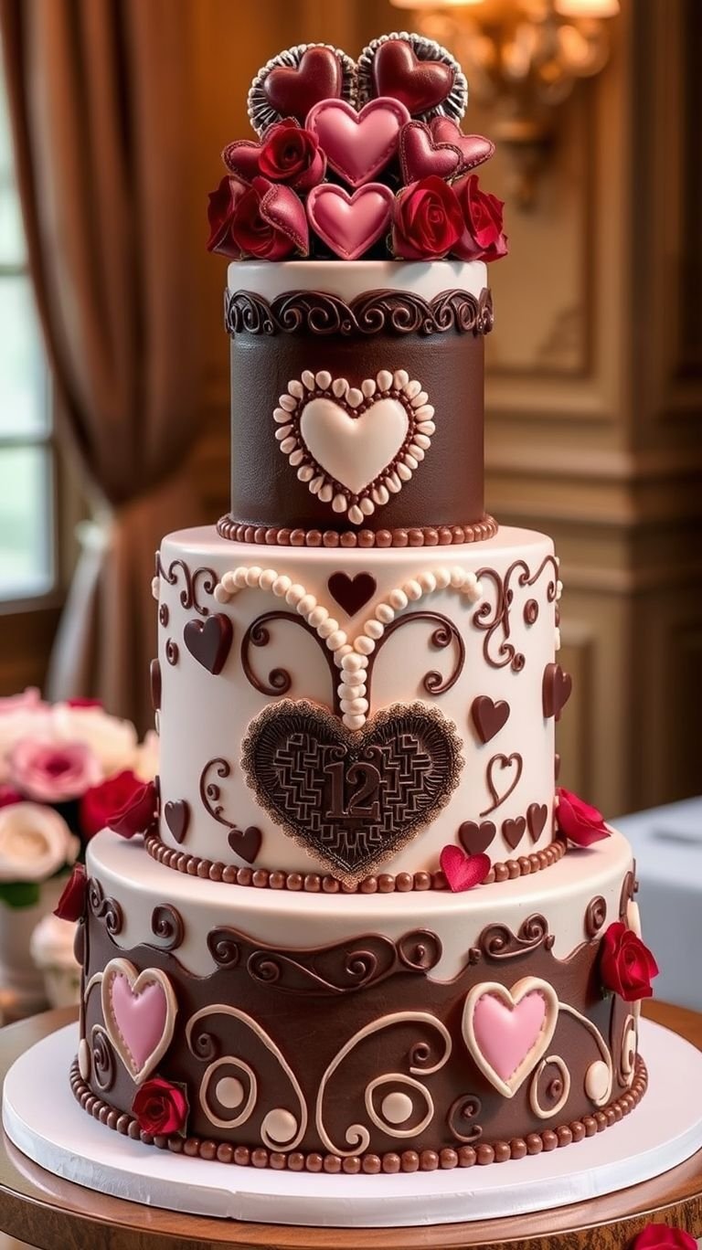 75+ Chocolate Wedding Cakes That Are Too Indulgent to Ignore | Pocoko A wedding cake that speaks the language of love! Hearts, chocolate, and dreamy white frosting make every slice sweeter than the last.