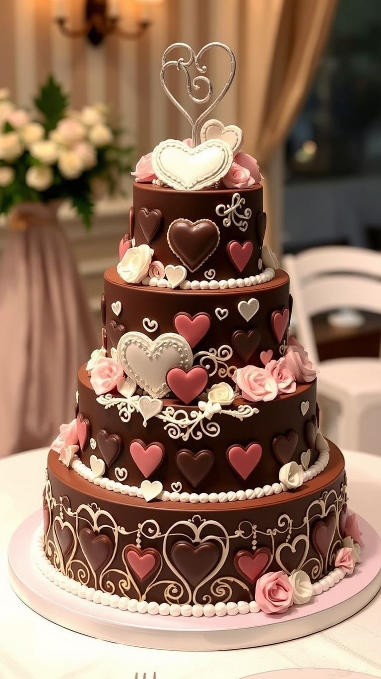 75+ Chocolate Wedding Cakes That Are Too Indulgent to Ignore | Pocoko Romance tastes better when served with layers of white and chocolate cake! Adorned with hearts, this dessert is pure wedding magic.
