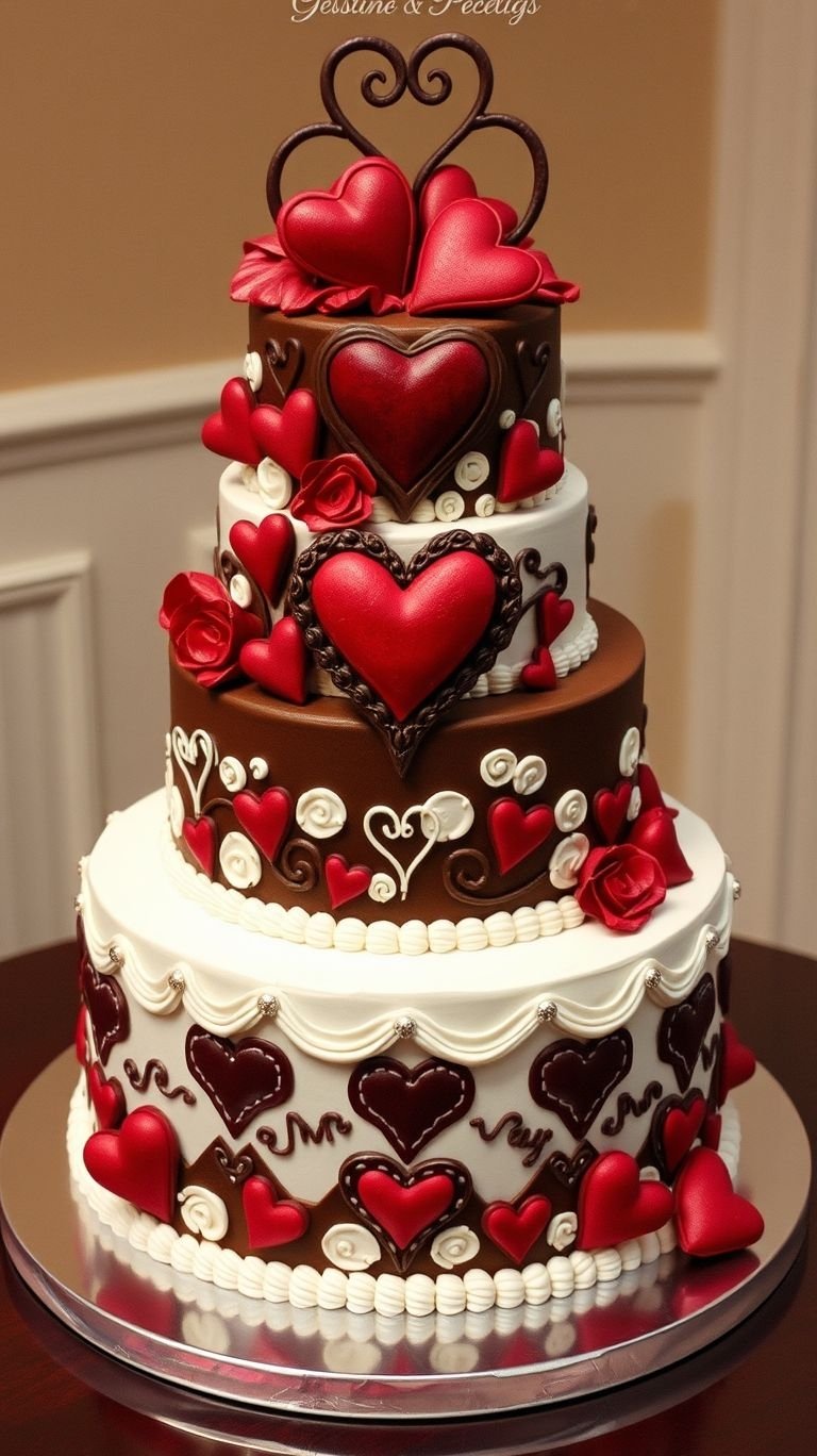 75+ Chocolate Wedding Cakes That Are Too Indulgent to Ignore | Pocoko Nothing says ‘perfect pair’ like white and chocolate—and this wedding cake topped with hearts is the ultimate symbol of sweet love.