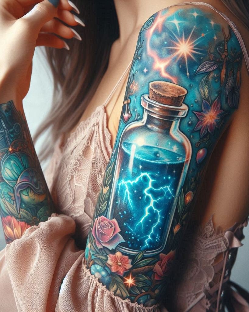 Bottled chaos never looked this cool. Stormcaller Brew-inspired ink brings thunder, mystery, and spellcasting flair to your skin!