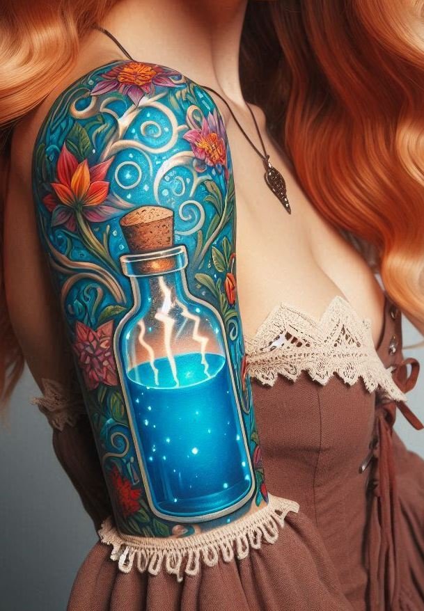 Potion tattoos that rumble and roar! Stormcaller Brew designs bring tempest energy with detailed charms and lightning-infused aesthetics.