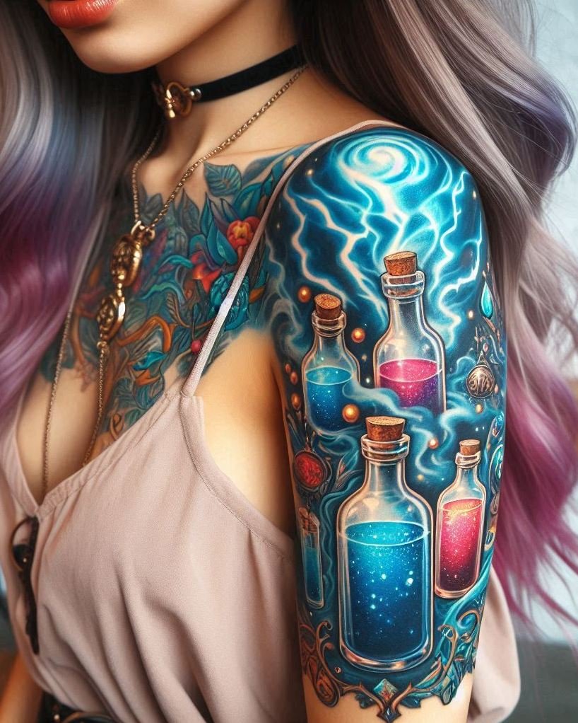 Sip the storm, wear the magic! These potion tattoos channel electric charm and alchemist aesthetics in one wicked design.