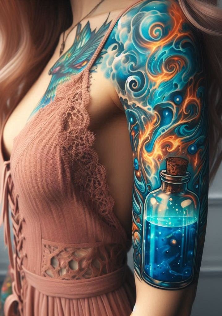 Lightning in a bottle, quite literally! Stormcaller Brew tattoos are electrifying tributes to elemental magic and rebellious style.
