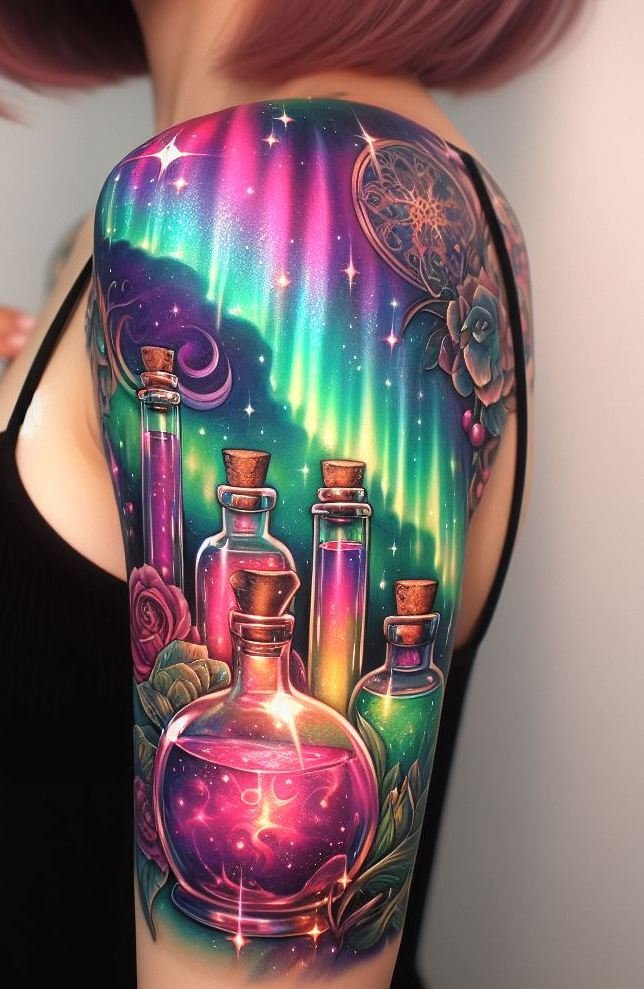 Glowing gradients, enchanted bottles, and the northern lights in one inked masterpiece—this tattoo is pure visual sorcery!