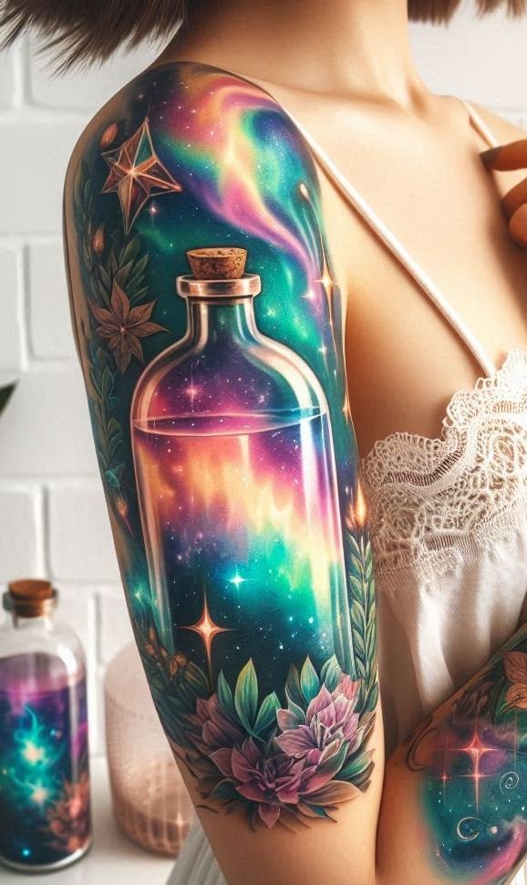 Potion tattoos with a twist of stardust! Inspired by auroras, these designs capture the magic of frozen skies and mystical vibes.