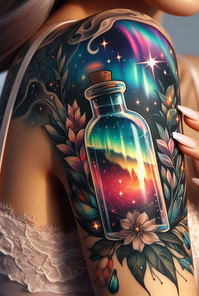 Want a tattoo that whispers magic and sparkles with starlight? Aurora Brew potion designs are here to enchant your skin.