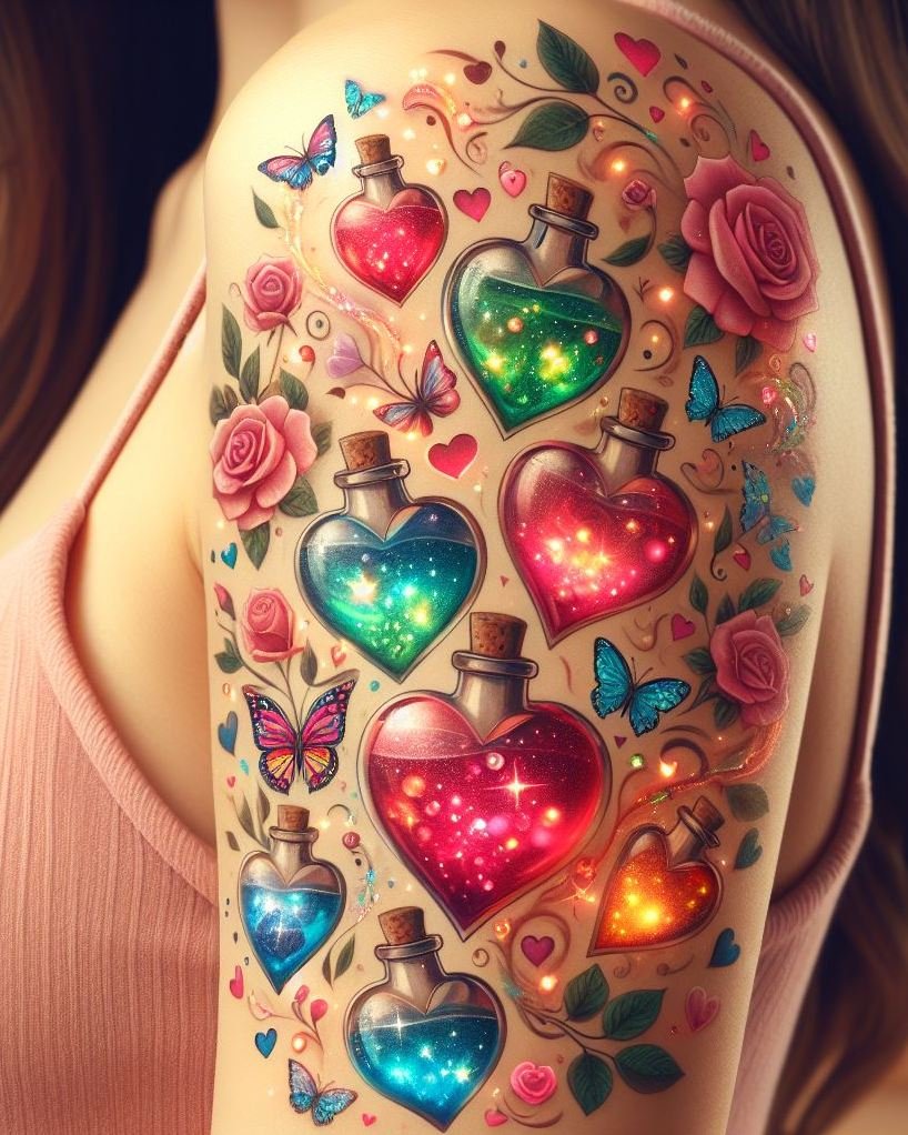 When moonlight meets heartstrings, Aurora Love’s Embrace tattoos shine with affection and fantasy. Bottled love never looked so radiant—or so ink-worthy!