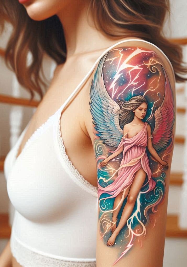 Grace meets thunder in this celestial tattoo blend—Aurora angels and lightning bolts collide for a design that’s equal parts divine and electric!