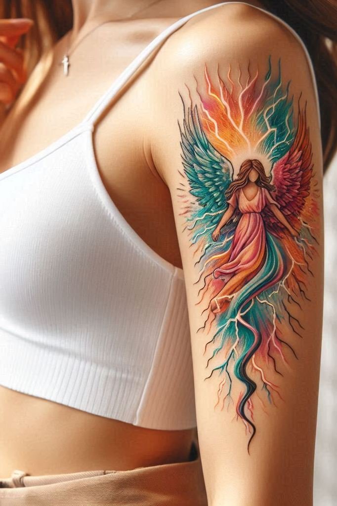 Wings of light, bolts of brilliance—these tattoos channel ethereal vibes and elemental edge in one stunning piece of body art.