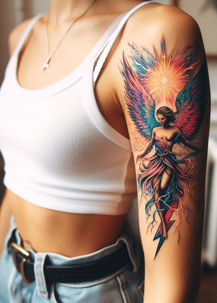 Halo on one side, thunder on the other—this tattoo duo is for those who love their ink with a twist of the unexpected.