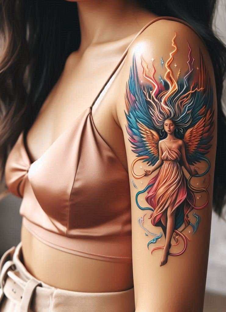 Soft glow meets wild energy—Aurora angel and lightning tattoos bring stormy elegance to your celestial ink game!