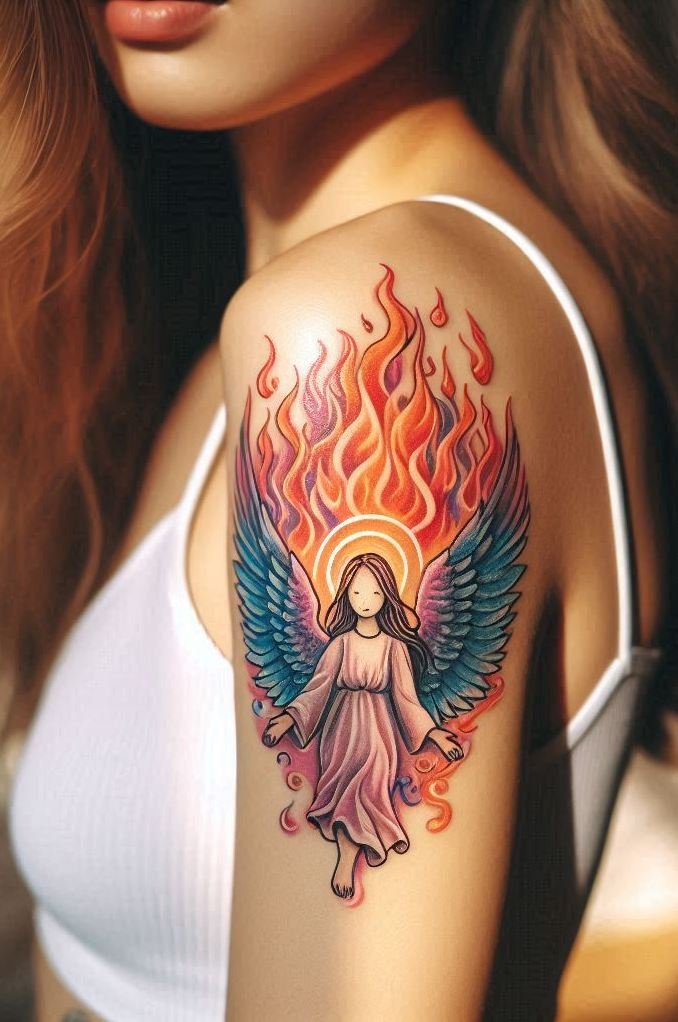 Not your average halo moment—Angel of Fire tattoos ignite the skin with celestial rebellion and divine intensity.