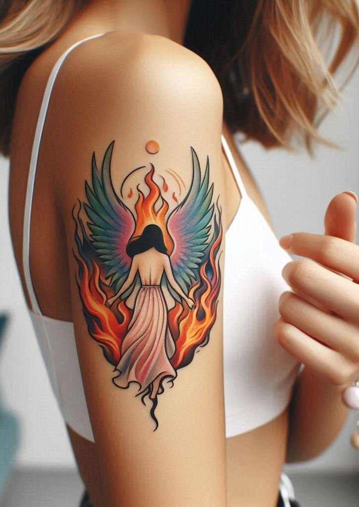 Flames wrapped in feathers? That’s an ink statement worth making. These fiery angel tattoos radiate bold spirit and blazing beauty.