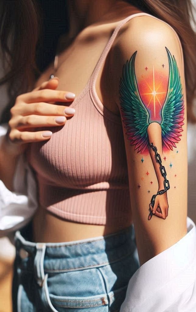 Heavenly wings, earthly binds—chained angel tattoos tell stories of strength, struggle, and redemption inked in divine detail.
