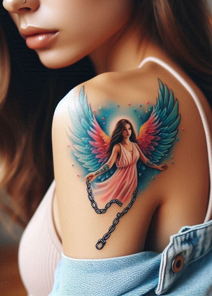Grace in captivity, rebellion in feathers—this tattoo is angelic art with a twist of poetic grit and celestial drama.