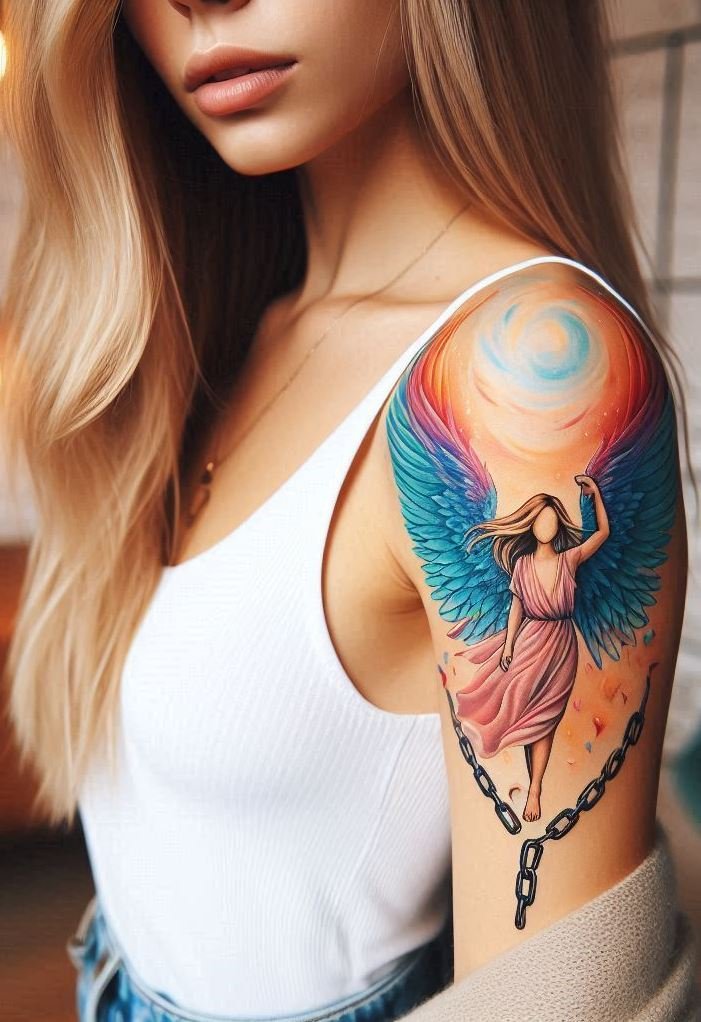 Ink that whispers of battles fought and light preserved. Chained angel tattoos are hauntingly beautiful with a bold edge of resilience.