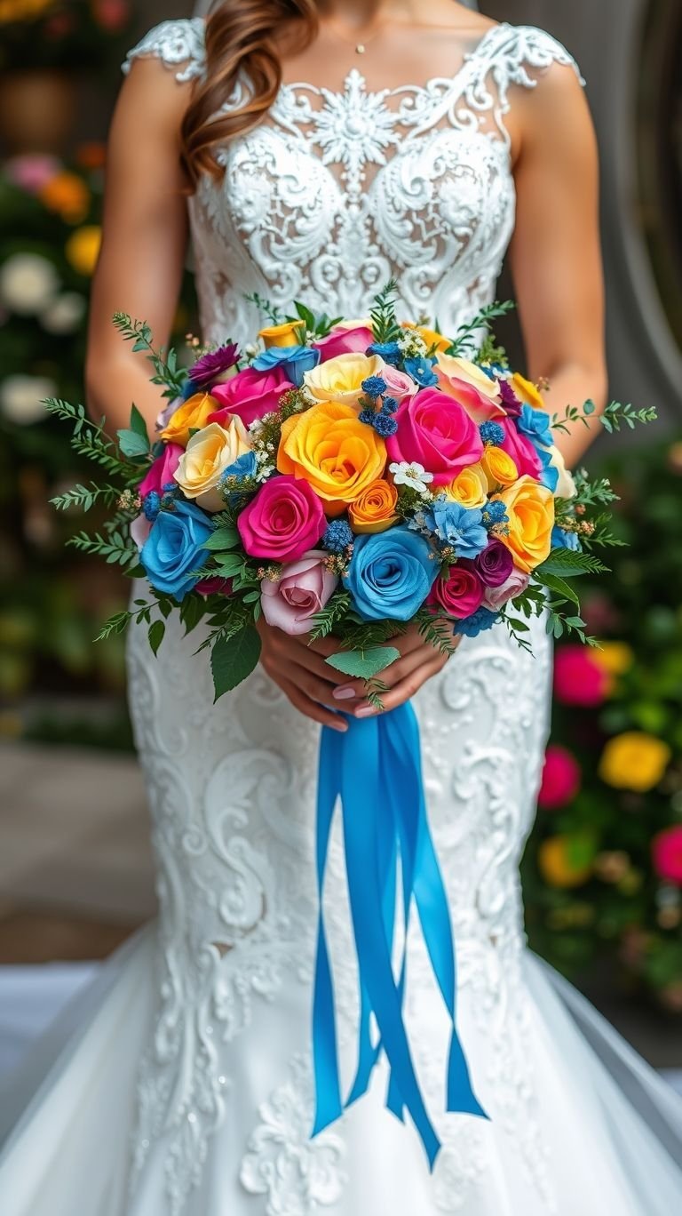Sweet, spicy, and everything nice—this bouquet’s got layers. Roses in mix-and-match hues turn traditional wedding florals into a personality parade.