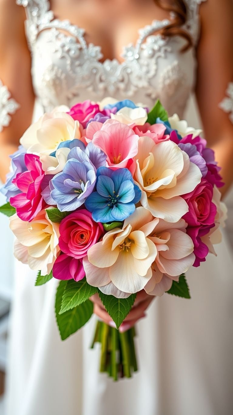 This bouquet’s got vacation energy and bridal glam rolled into one. Colorful plumeria makes sure your aisle walk feels like a slow-motion beach scene.