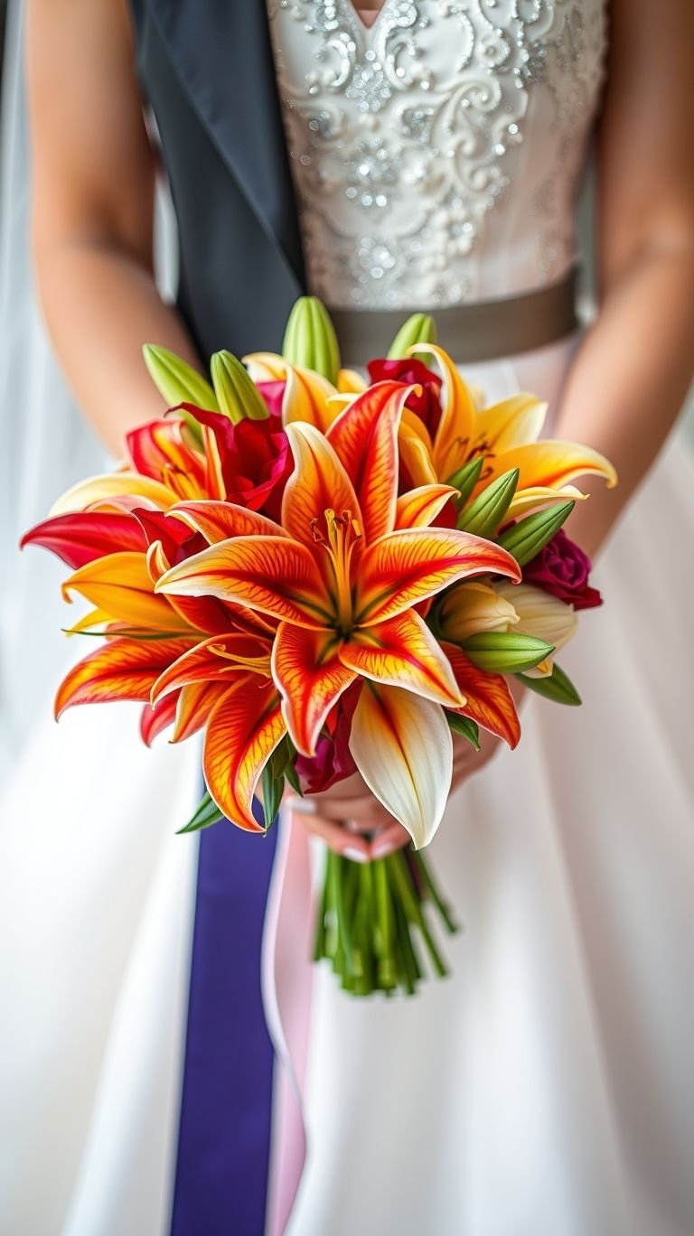 When lilies accent the bouquet, it's less “flowers” and more “floral royalty.” Just try not to upstage your dress... or do. You’re the moment.