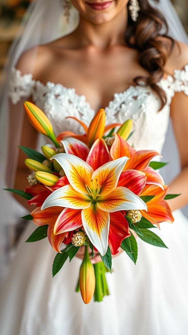 Florals with main character energy? Lilies bring the elegance, and suddenly your bouquet has better posture than your bridesmaids.