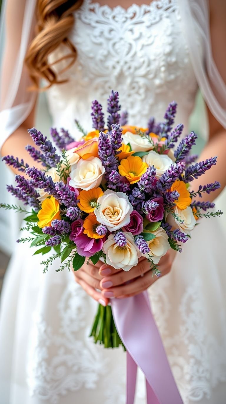 Lavender doesn’t shout—it hums. Nestled into layered florals, it adds a scent of storybook charm without trying too hard.